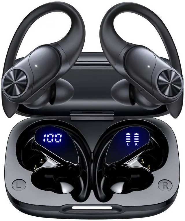 Main image of PocBuds Bluetooth Headphones Wireless Earbuds 80hrs Playtime Wireless Charging Case Digital Display Sports Ear Buds with Earhook Deep Bass IPX7 Waterproof Over-Ear Earphones for TV Phone Laptop Black
