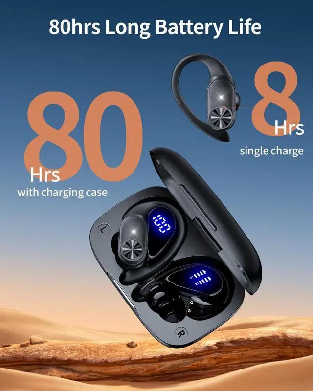 Alt view image 2 of 5 - PocBuds Bluetooth Headphones Wireless Earbuds 80hrs Playtime Wireless Charging Case Digital Display Sports Ear Buds with Earhook Deep Bass IPX7 Waterproof Over-Ear Earphones for TV Phone Laptop Black