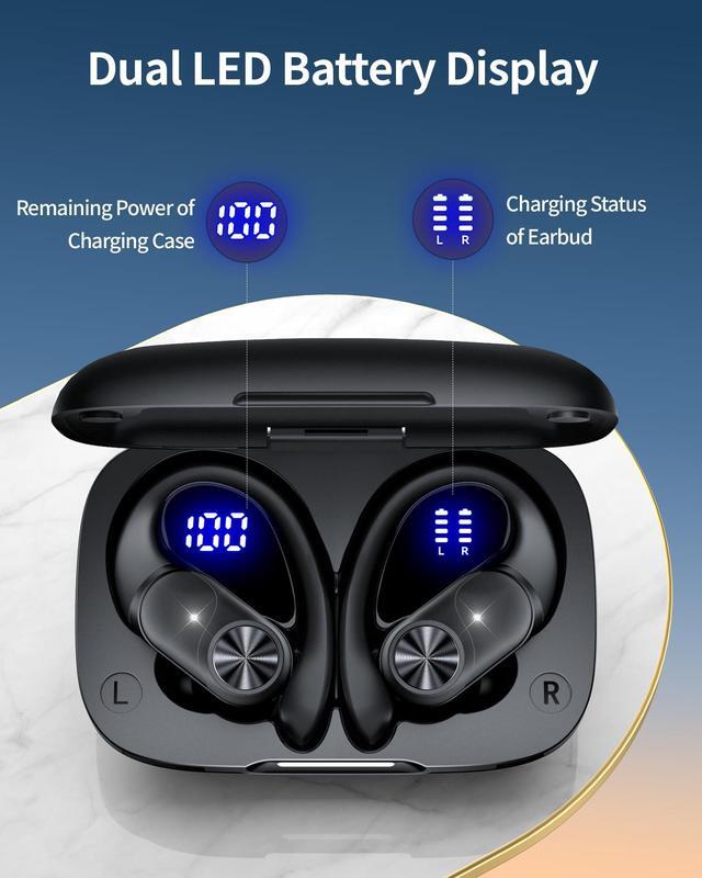 Alt view image 3 of 5 - PocBuds Bluetooth Headphones Wireless Earbuds 80hrs Playtime Wireless Charging Case Digital Display Sports Ear Buds with Earhook Deep Bass IPX7 Waterproof Over-Ear Earphones for TV Phone Laptop Black