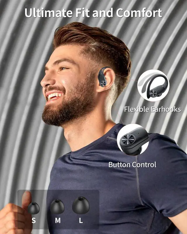 Alt view image 5 of 5 - PocBuds Bluetooth Headphones Wireless Earbuds 80hrs Playtime Wireless Charging Case Digital Display Sports Ear Buds with Earhook Deep Bass IPX7 Waterproof Over-Ear Earphones for TV Phone Laptop Black