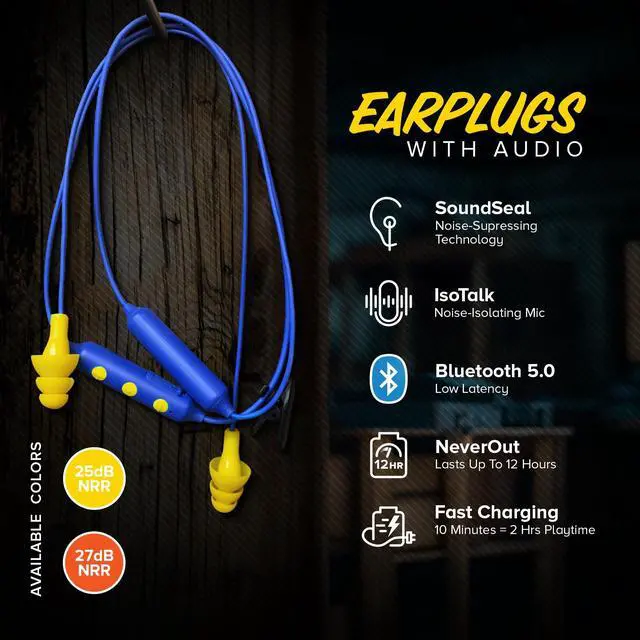 Alt view image 2 of 5 - Plugfones Basic Pro Earplug Headphones Wireless Bluetooth in-Ear Earplug Earbuds 25 dB Noise Reduction Rating OSHA Compliant Hearing Protection with Noise Isolating Mic and Controls (Blue & Yellow)