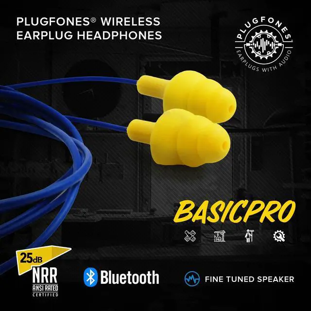 Alt view image 3 of 5 - Plugfones Basic Pro Earplug Headphones Wireless Bluetooth in-Ear Earplug Earbuds 25 dB Noise Reduction Rating OSHA Compliant Hearing Protection with Noise Isolating Mic and Controls (Blue & Yellow)