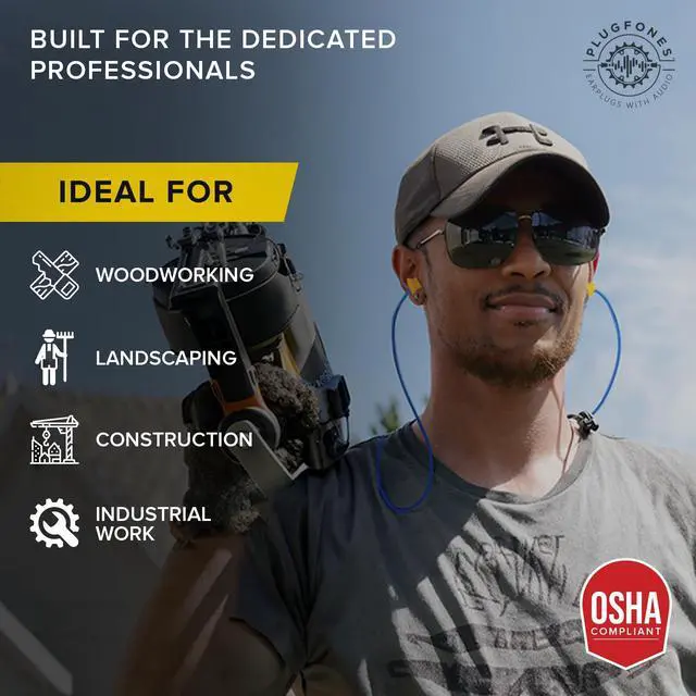 Alt view image 4 of 5 - Plugfones Basic Pro Earplug Headphones Wireless Bluetooth in-Ear Earplug Earbuds 25 dB Noise Reduction Rating OSHA Compliant Hearing Protection with Noise Isolating Mic and Controls (Blue & Yellow)