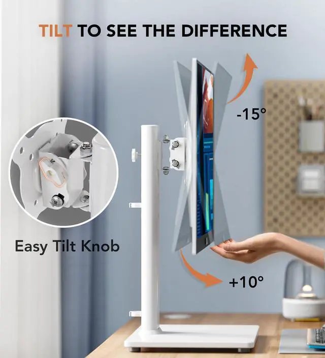 Alt view image 5 of 5 - Single LCD Computer Monitor Free-Standing Desk Stand Riser for 13 inch to 32 inch Screen with Swivel, Height Adjustable, Rotation, Holds One (1) Screen up to 77Lbs(HT05W-001) White