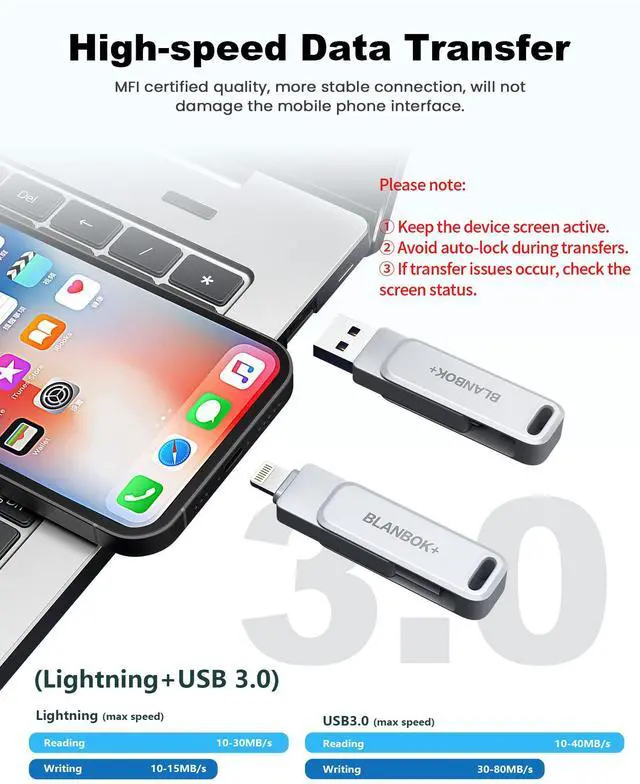 Alt view image 5 of 5 - MFi Certified 128GB Photo Stick for iPhone Flash Drive,USB Memory Stick Thumb Drives High Speed USB Stick External Storage Compatible for iPhone/iPad/Android/PC