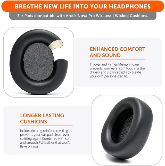 Alt view image 4 of 5 - WC Upgraded Replacement Earpads for Steelseries Arctis Nova Pro Wireless Made by Wicked Cushions | Improved Durability, Thickness, Softer Leather, and Sound Isolation | Black