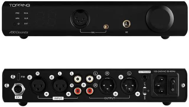 Main image of Topping A90 Discrete Fully Discrete Balanced Headphone Amplifier HiFi NFCA 4Pin XLR/4.4MM Balanced/6.35MM SE Out 9800mWx2 Desktop Headphone Amp Preamp with Remote Control (Black)