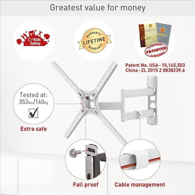 Alt view image 3 of 5 - Barkan White TV Wall Mount, 13-65 inch Full Motion Articulating - 4 Movement Flat/Curved Screen Bracket, Holds up to 88lbs, Patented, Fits LED OLED LCD