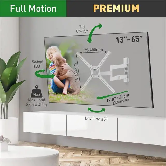 Alt view image 2 of 5 - Barkan White TV Wall Mount, 13-65 inch Full Motion Articulating - 4 Movement Flat/Curved Screen Bracket, Holds up to 88lbs, Patented, Fits LED OLED LCD
