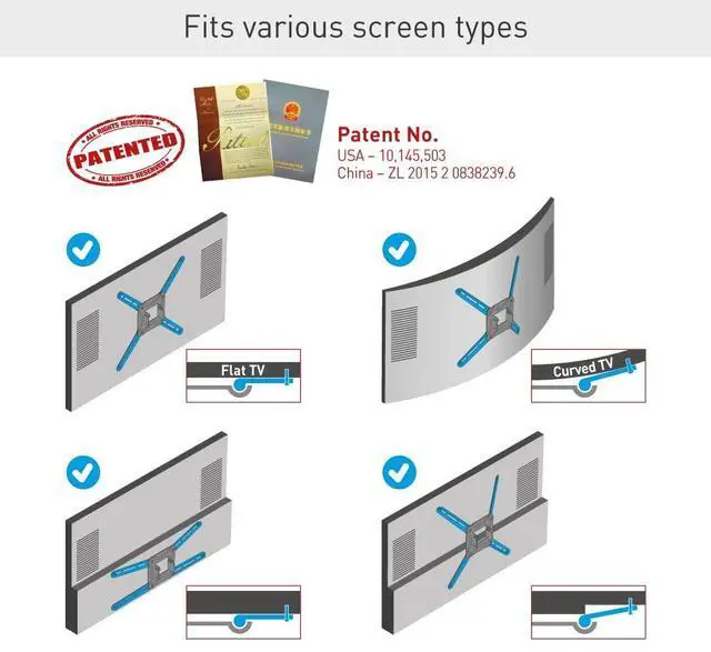 Alt view image 5 of 5 - Barkan White TV Wall Mount, 13-65 inch Full Motion Articulating - 4 Movement Flat/Curved Screen Bracket, Holds up to 88lbs, Patented, Fits LED OLED LCD