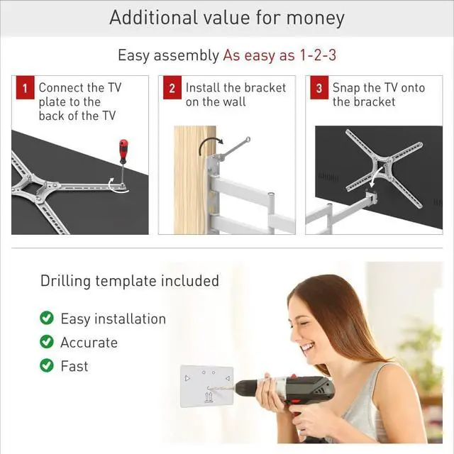 Alt view image 4 of 5 - Barkan White TV Wall Mount, 13-65 inch Full Motion Articulating - 4 Movement Flat/Curved Screen Bracket, Holds up to 88lbs, Patented, Fits LED OLED LCD