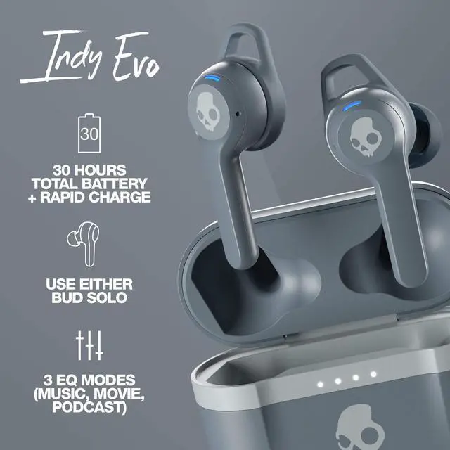 Alt view image 3 of 5 - Skullcandy Indy Evo In-Ear Wireless Earbuds, 30 Hr Battery, Microphone, Works with iPhone Android and Bluetooth Devices - Grey
