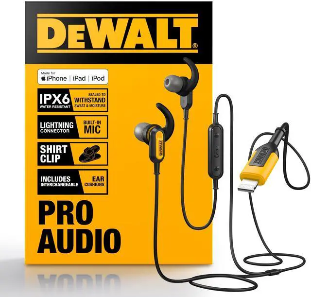 Main image of DEWALT Heavy Duty Earphones for Lightning, Compatible w/Apple iPhone Headphones Wired, Jobsite Water-Resistant for iPhone Headphones Wired Lightning, Corded Earphones for iPhones 14 and Older