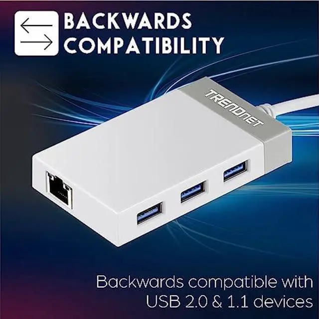 Alt view image 3 of 5 - TRENDnet 3-Port USB 3.0 Hub, TU3-ETGH3, Compact USB to Ethernet Adapter, 3 x USB 3.0 Ports, 1 x RJ-45 Gigabit Ethernet Port, Supports XP, Vista, Windows, Mac OS 10.6-10.9, Nintendo Switch, White