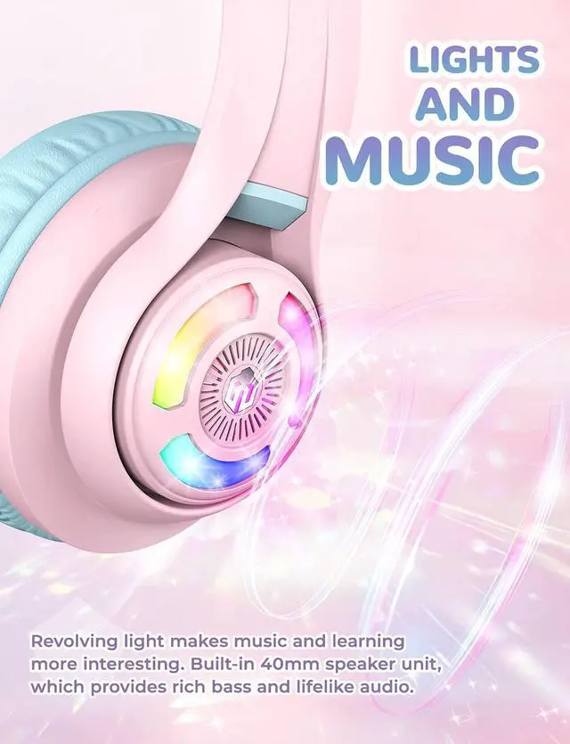 Alt view image 2 of 5 - iClever Cat Ear Kids Bluetooth Headphones, LED Lights Up, 74/85dBA Safe Volume Limited, 50H Playtime,Bluetooth 5.2, USB C, Kids Headphones Wireless for Travel iPad Tablet, Meow Macaron Pink