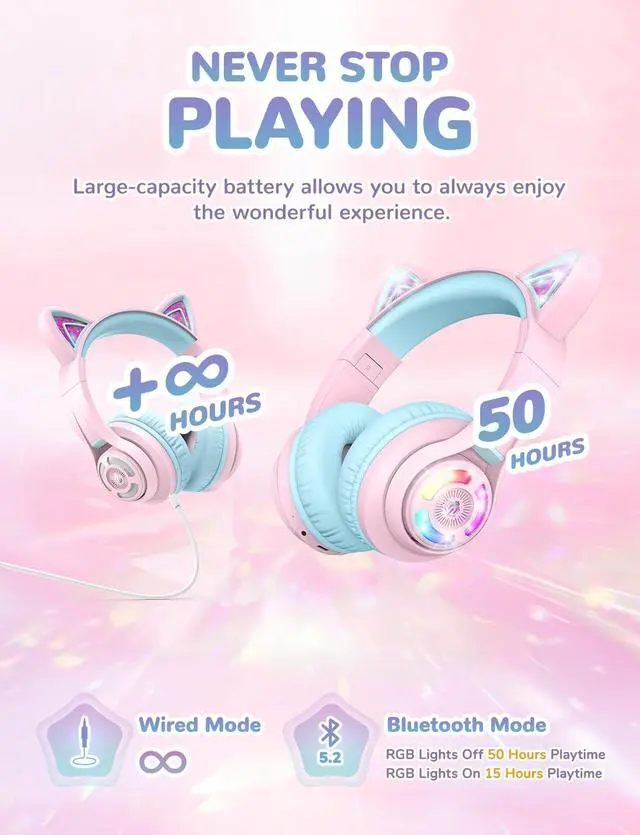 Alt view image 4 of 5 - iClever Cat Ear Kids Bluetooth Headphones, LED Lights Up, 74/85dBA Safe Volume Limited, 50H Playtime,Bluetooth 5.2, USB C, Kids Headphones Wireless for Travel iPad Tablet, Meow Macaron Pink