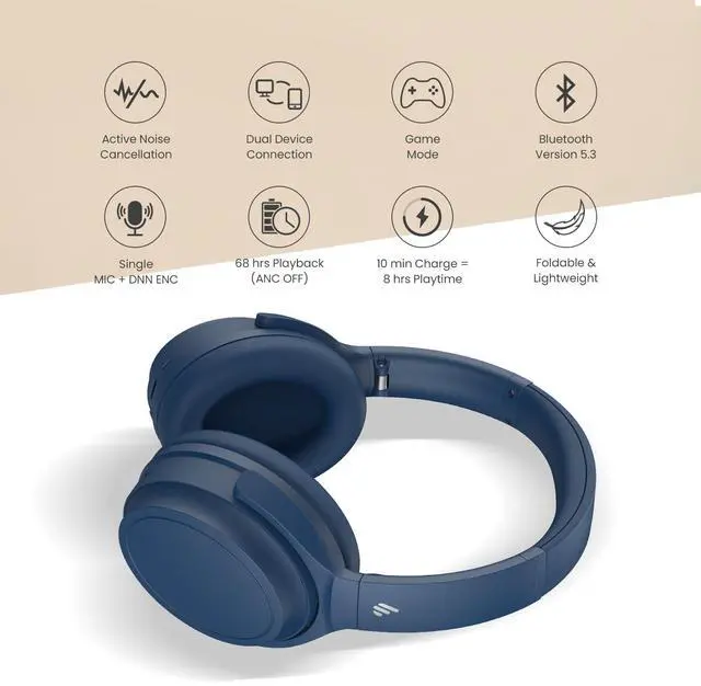 Alt view image 2 of 5 - Edifier WH700NB Wireless Active Noise Cancellation Over-Ear Headphones, Bluetooth 5.3 Foldable Lightweight Headset, Dual Device Connection, 68-Hour Battery Life, for Travel, Home Office - Navy Blue