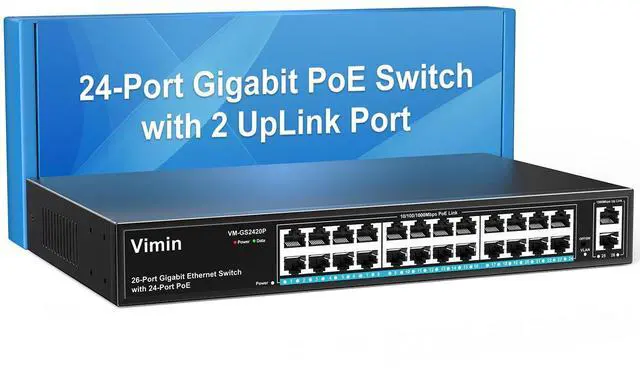 Main image of 24 Port Gigabit PoE Switch with 2 Uplink Gigabit Ports, VIMIN 26 Port Unmanaged PoE Ethernet Switch with 320W Power, Support IEEE802.3af/at, VLAN, Metal Housing, 19 inch Rack-Mount, Plug and Play