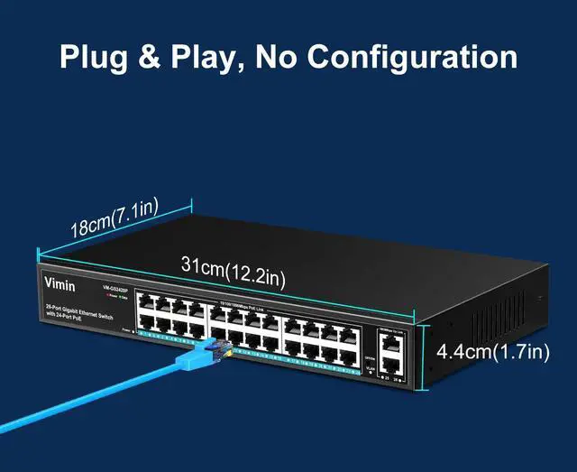 Alt view image 5 of 5 - 24 Port Gigabit PoE Switch with 2 Uplink Gigabit Ports, VIMIN 26 Port Unmanaged PoE Ethernet Switch with 320W Power, Support IEEE802.3af/at, VLAN, Metal Housing, 19 inch Rack-Mount, Plug and Play