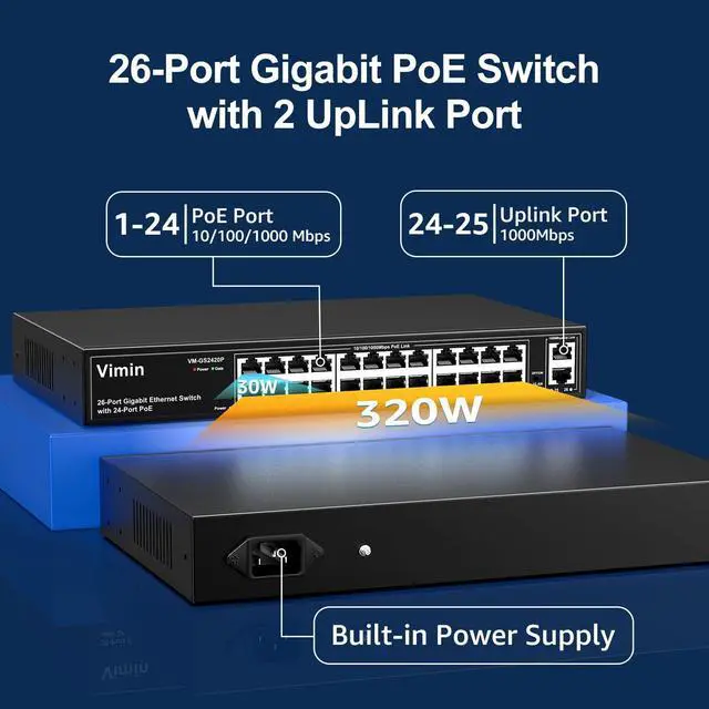 Alt view image 2 of 5 - 24 Port Gigabit PoE Switch with 2 Uplink Gigabit Ports, VIMIN 26 Port Unmanaged PoE Ethernet Switch with 320W Power, Support IEEE802.3af/at, VLAN, Metal Housing, 19 inch Rack-Mount, Plug and Play