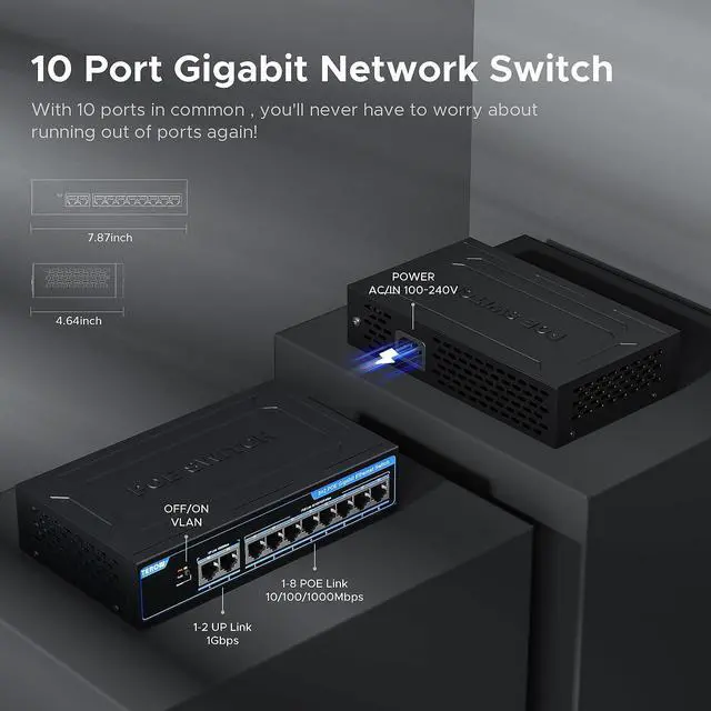 Alt view image 3 of 5 - TEROW 8-Port PoE Gigabit Switch with 2 Gigabit Uplink, 8 PoE+Port 1000Mbps, 96W, 802.3af/at Vlan, Metal fanless Design, Plug-and-Play, Desktop and Wall-MountEthernet Splitter, Elegant Black Blue