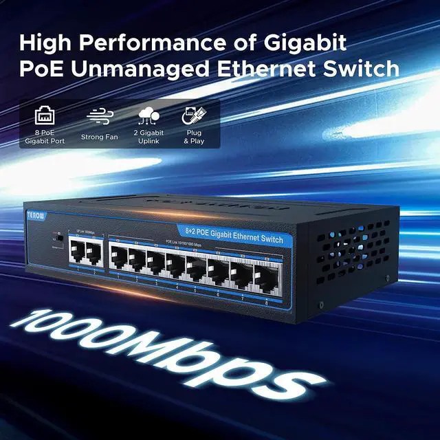 Alt view image 2 of 5 - TEROW 8-Port PoE Gigabit Switch with 2 Gigabit Uplink, 8 PoE+Port 1000Mbps, 96W, 802.3af/at Vlan, Metal fanless Design, Plug-and-Play, Desktop and Wall-MountEthernet Splitter, Elegant Black Blue