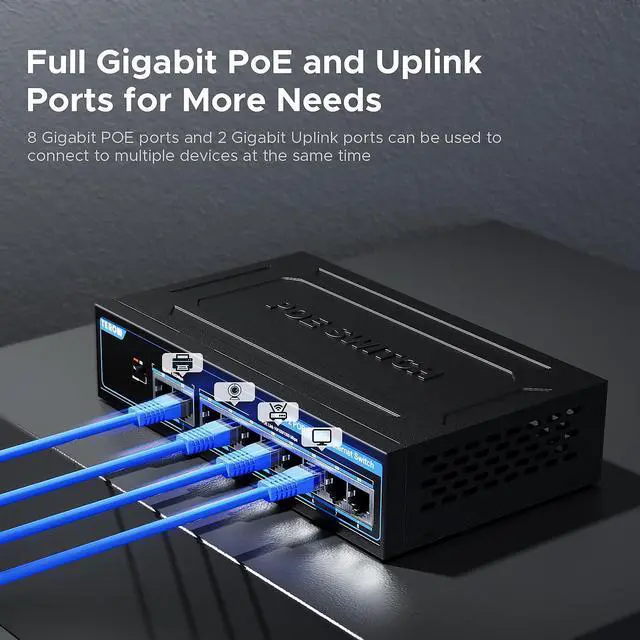 Alt view image 5 of 5 - TEROW 8-Port PoE Gigabit Switch with 2 Gigabit Uplink, 8 PoE+Port 1000Mbps, 96W, 802.3af/at Vlan, Metal fanless Design, Plug-and-Play, Desktop and Wall-MountEthernet Splitter, Elegant Black Blue