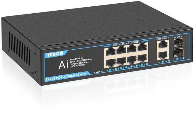 Main image of POE Gigabit Switch 12 Ports 1000Mbps Switches with 2 uplink & 2 SFP: TEROW 8-Port PoE Ethernet&10-Port Network with 2 SFP Module,120W,802.3af/at Compliant, Plug & Play, Metal Fanless with Shielded