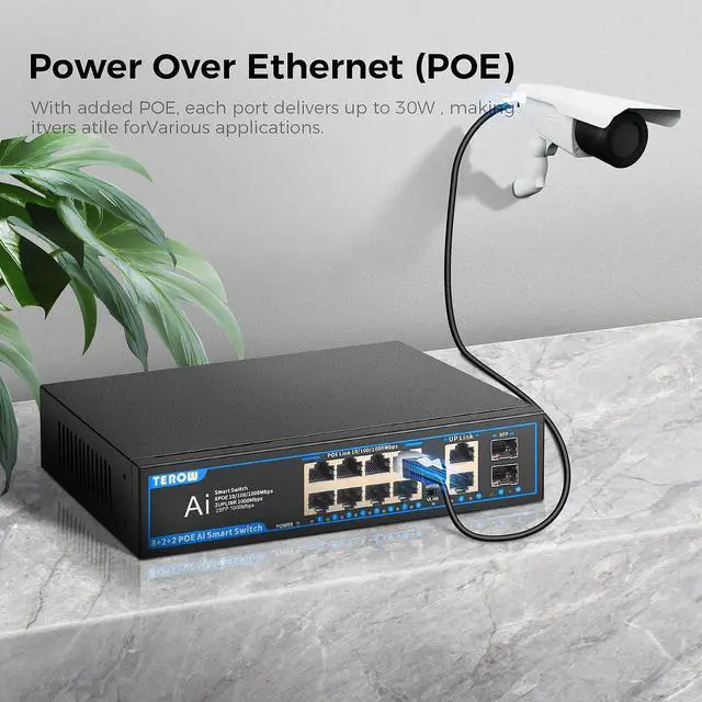 Alt view image 3 of 5 - POE Gigabit Switch 12 Ports 1000Mbps Switches with 2 uplink & 2 SFP: TEROW 8-Port PoE Ethernet&10-Port Network with 2 SFP Module,120W,802.3af/at Compliant, Plug & Play, Metal Fanless with Shielded