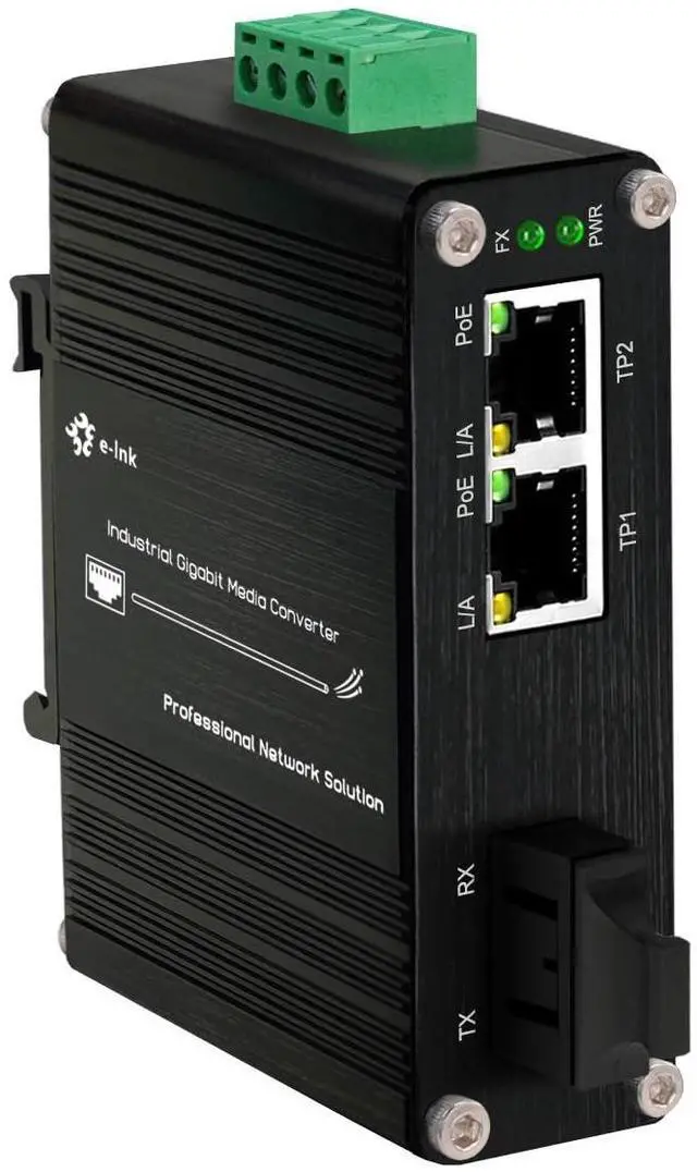 Main image of Mini Industrial 2 Ports Gigabit PoE Media Converter Din Rail Mount Hardened Fiber Media Converter 802.3af/at Optical Converter Single Mode 20km with SC + 2 Rj45 Port 12~48V DC Input