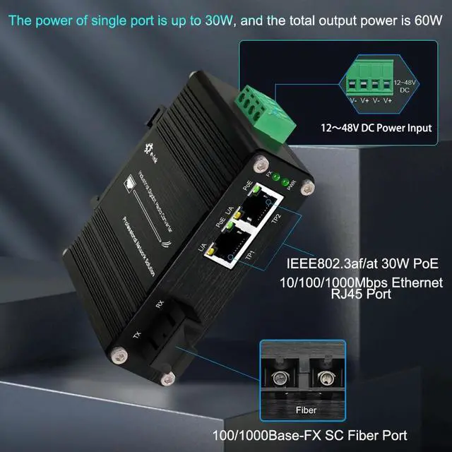 Alt view image 2 of 5 - Mini Industrial 2 Ports Gigabit PoE Media Converter Din Rail Mount Hardened Fiber Media Converter 802.3af/at Optical Converter Single Mode 20km with SC + 2 Rj45 Port 12~48V DC Input