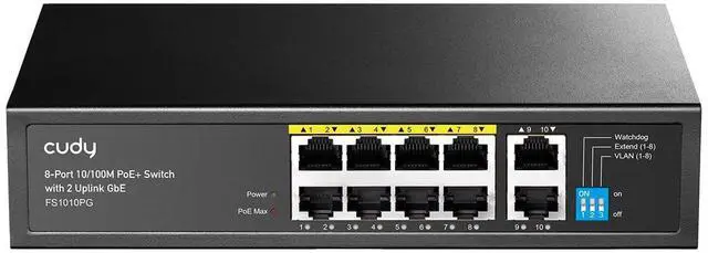 Main image of Cudy 8 Port Fast Ethernet 100Mbps PoE Switch 8 PoE+ Ports @120W, Plug & Play Sturdy Metal w/Shielded Ports Extend Mode Priority Mode FS1010PG