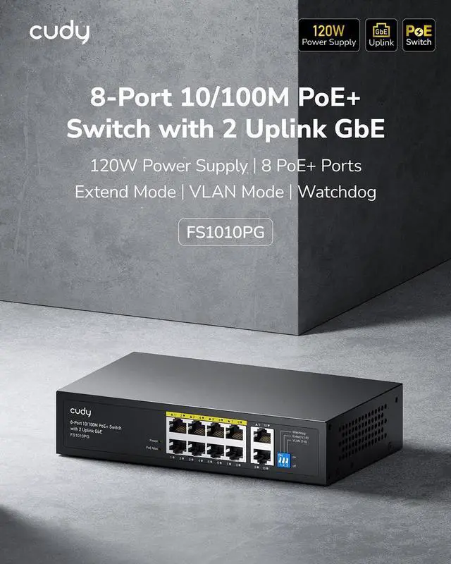 Alt view image 2 of 5 - Cudy 8 Port Fast Ethernet 100Mbps PoE Switch 8 PoE+ Ports @120W, Plug & Play Sturdy Metal w/Shielded Ports Extend Mode Priority Mode FS1010PG