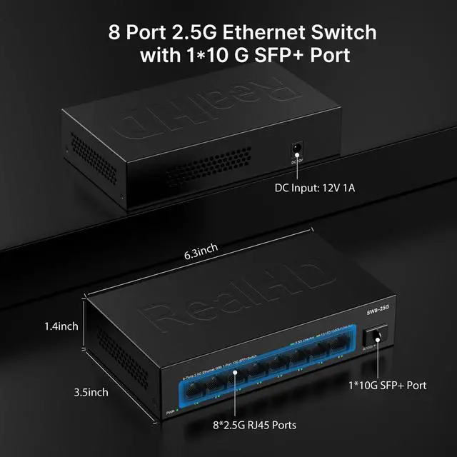 Alt view image 5 of 5 - Real HD 8 Port 2.5G Ethernet Switch Unmanaged Network Switch with 8 x 2.5 Gigabit | 1 x 10G SFP+ | Work with 10-100-1000Mbps Devices | 60G Bandwidth | Plug & Play | Fanless Quiet Metal Internet Switch