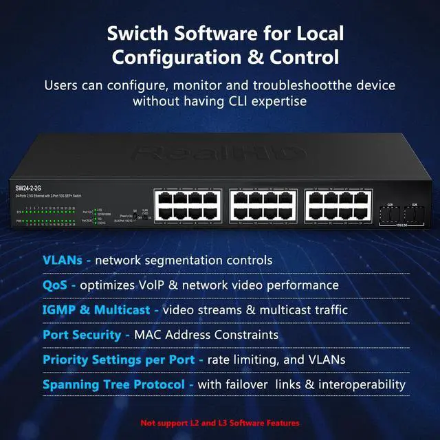 Alt view image 4 of 5 - 24 Port 2.5G Web Managed Ethernet Network Switch 24 x 2.5 Gigabit | 2 x 10G SFP+ | Work with 10-100-1000Mbps Devices | 160G Bandwidth | Fanless Quiet Metal Internet Switch | Rack Mount
