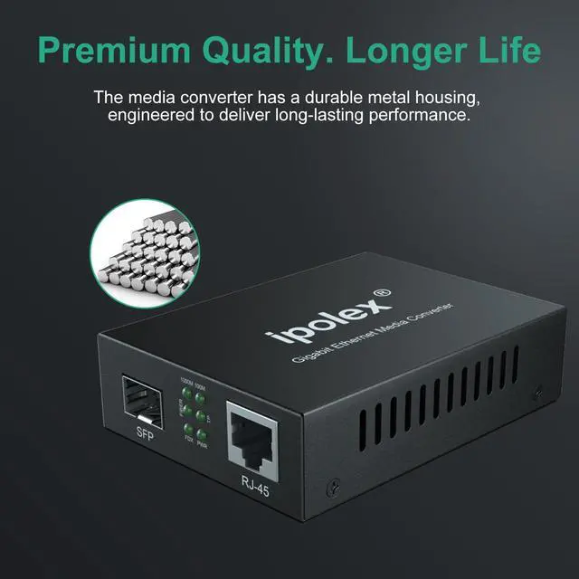 Alt view image 5 of 5 - Ipolex Gigabit Single-Mode LC Fiber to Ethernet Media Converter (SFP LX Modules Included),1.25G Fiber Media Converter, 1000Base-LX to 10/100/1000Base-TX, 1310nm, SMF, Transmission up to 20KM, 2 Pack