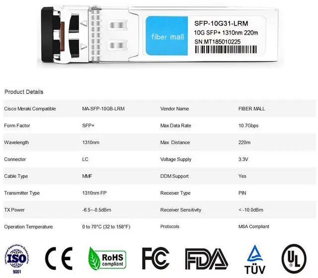 Alt view image 5 of 5 - 10G SFP LRM for Cisco Meraki MA-SFP-10GB-LRM SFP-10G-LRM 10GBASE-LRM SFP+ 1310nm, 220m/300m, LC DOM MMF/SMF ModuleTransceiver