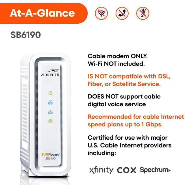 Alt view image 5 of 5 - ARRIS (SB6190) - Cable Modem - Fast DOCSIS 3.0 32x8 Gigabit Cable Modem, For Comcast Xfinity, Cox, Spectrum and more, 1 Gbps Port, 800 Mbps Max Internet Speed, 2 Year Warranty - (No Built-in Wifi)
