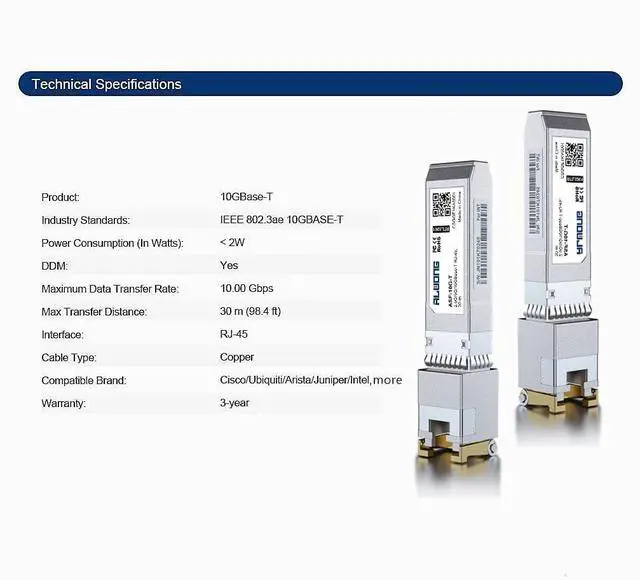 Alt view image 4 of 5 - Alwong 10GBASE-T SFP+ Transceiver, SFP+ to RJ45 Copper Module. 2.5/5/10G Multi-Rate, for Cisco SFP-10G-T-S, Ubiquiti UniFi UF-RJ45-10G, Meraki, MikroTik S+RJ10, Netgear, D-Link, and More, Pack of 2