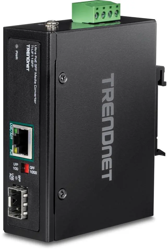 Main image of TRENDnet Hardened Industrial SFP to Gigabit UPoE Media Converter, IP30 Rated Housing, Includes DIN-Rail & Wall Mounts, Operating Temp. -40 to 75 °C (-40 to 167 °F), TI-UF11SFP, Black