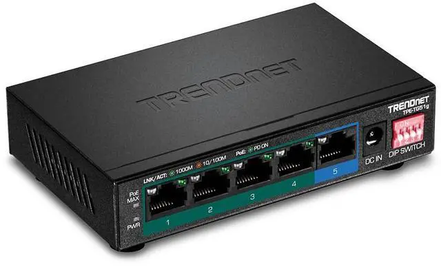 Main image of TRENDnet 5-Port Gigabit PoE+ Switch, Camera DIP Switch extends PoE+ 200m (656 ft.), 60W PoE Budget,Lifetime Protection, Black, TPE-TG51g