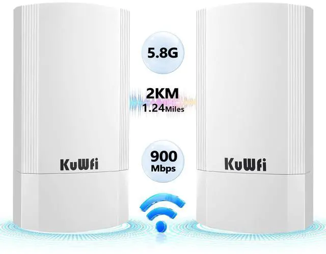 Main image of KuWFi 5.8G Point to Point Outdoor WiFi Bridge,900Mbps Network Wireless Ethernet Bridge,2KM/1.24 Miles P2P Wireless Bridge CPE Kit IP65 Waterproof for Extend starlink Router Signal