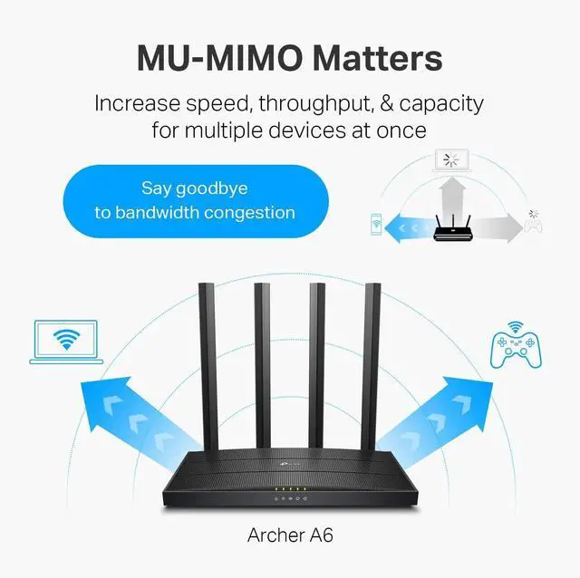 Alt view image 3 of 5 - TP-Link AC1200 Gigabit WiFi Router (Archer A6) - Dual Band MU-MIMO Wireless Internet Router, 4 x Antennas, OneMesh and AP mode, Long Range Coverage