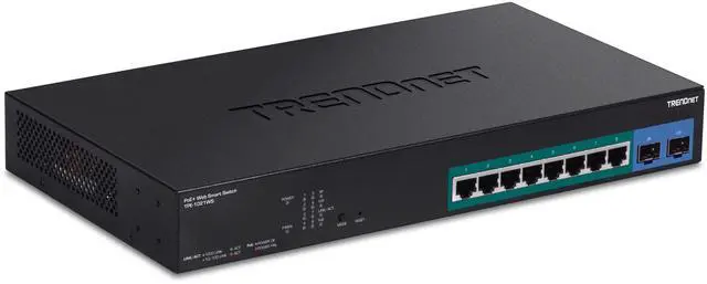 Main image of TRENDnet 10-Port Gigabit Web Smart PoE+ Switch with 8 Gigabit PoE+ Ports, 2 SFP Slots, 130W PoE Budget, VLAN, QoS, LACP, IPv4/IPv6 Static Routing,Lifetime Protection, Black, TPE-1021WS
