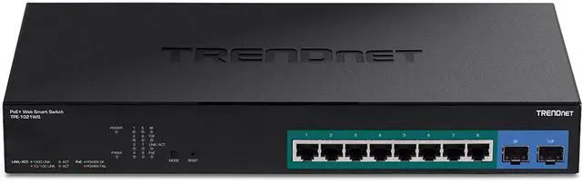 Alt view image 4 of 5 - TRENDnet 10-Port Gigabit Web Smart PoE+ Switch with 8 Gigabit PoE+ Ports, 2 SFP Slots, 130W PoE Budget, VLAN, QoS, LACP, IPv4/IPv6 Static Routing,Lifetime Protection, Black, TPE-1021WS