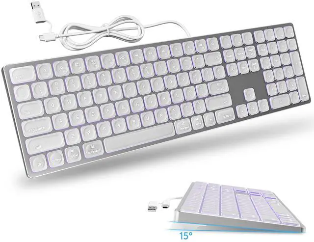 Main image of White Aluminum Backlit Keyboard for Apple Mac OS,Plug-N-Play, USB-A/USB-C Wired Keyboard with Numeric Keypad for iMac/Mac mini or MacBook Laptop