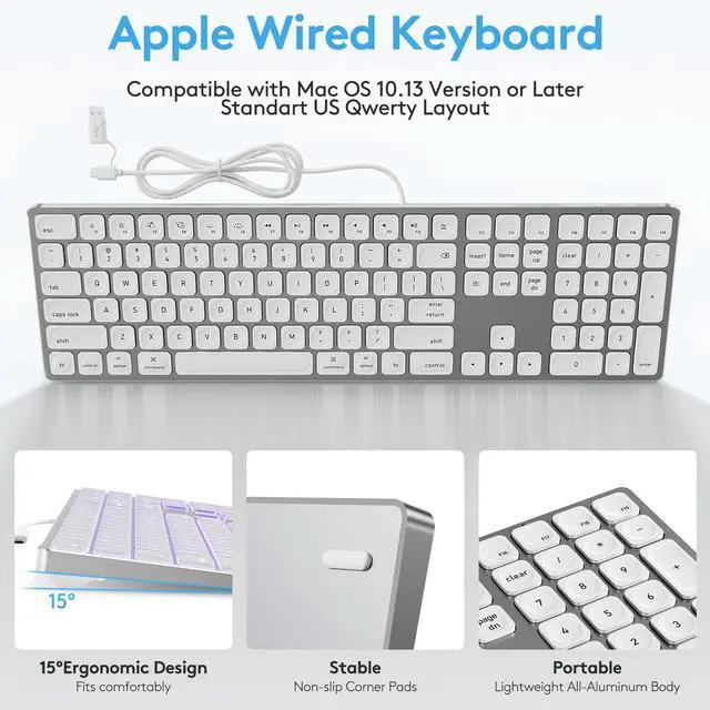Alt view image 4 of 5 - White Aluminum Backlit Keyboard for Apple Mac OS,Plug-N-Play, USB-A/USB-C Wired Keyboard with Numeric Keypad for iMac/Mac mini or MacBook Laptop