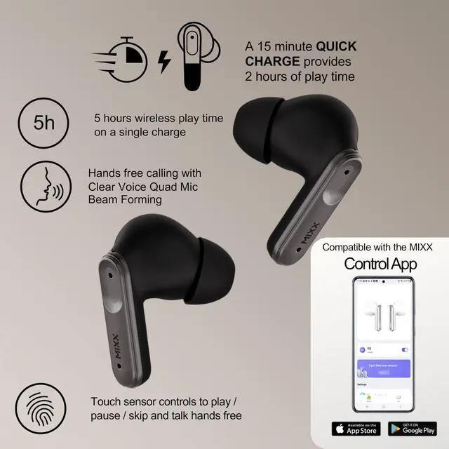 Alt view image 2 of 5 - MIXX StreamBuds Custom 3 True Wireless Earbuds with Charging Case  24hr Playtime, Quick Charge, App Control, Clear Voice Quad Mic, Noise Isolation  Bluetooth 5.3, Zinc Alloy Case - Black