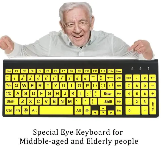Alt view image 2 of 5 - FONICER Full Size Large Print 2.4g Wireless Keyboard and Mouse with Oversized Print for Kids Visually Impaired Low Vision Individuals (Yellow)