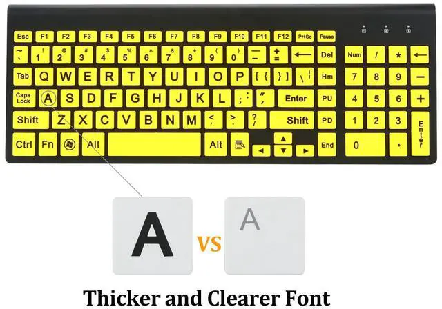 Alt view image 3 of 5 - FONICER Full Size Large Print 2.4g Wireless Keyboard and Mouse with Oversized Print for Kids Visually Impaired Low Vision Individuals (Yellow)